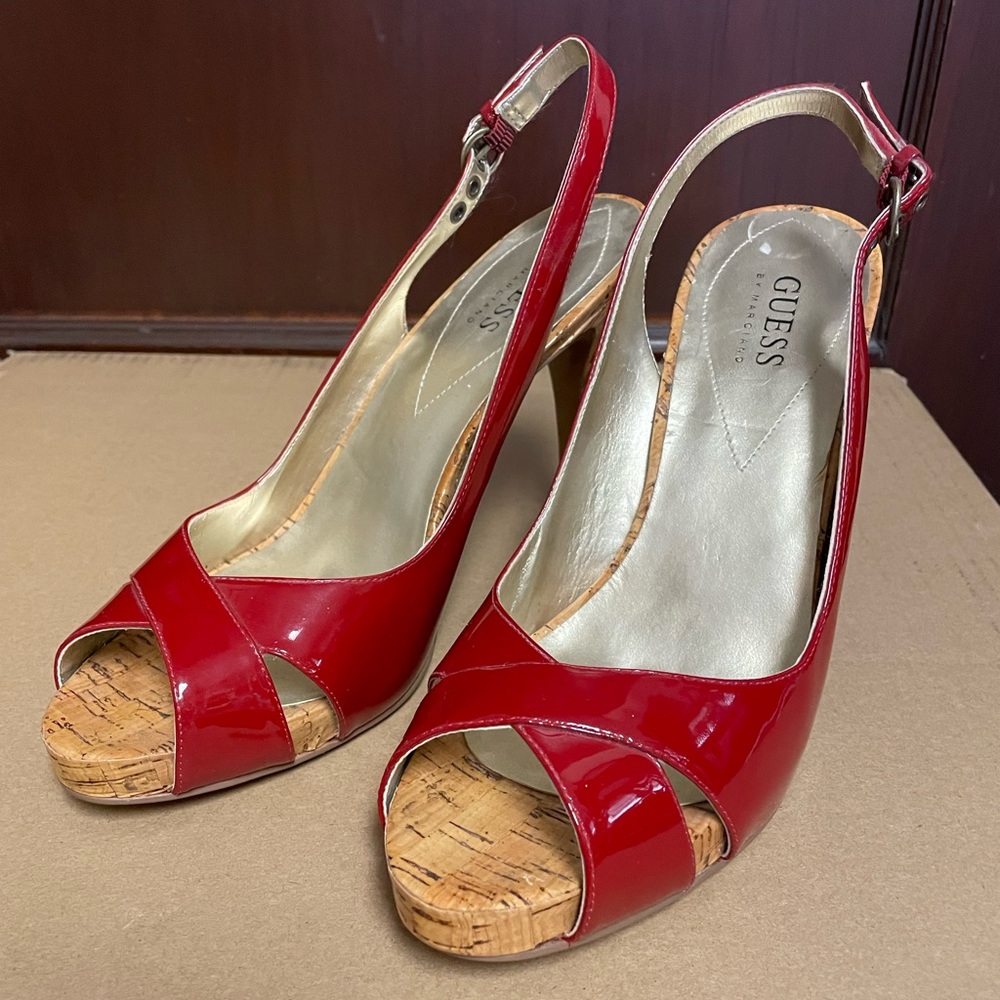 Guess Red Patent Leather Peep Toe Sling Back High Heels